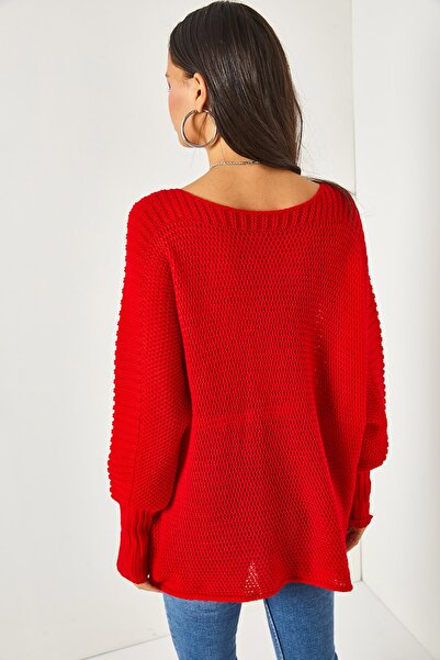 Olalook Női piros ujjú részletes méhsejt kötött pulóver KZK-19000399