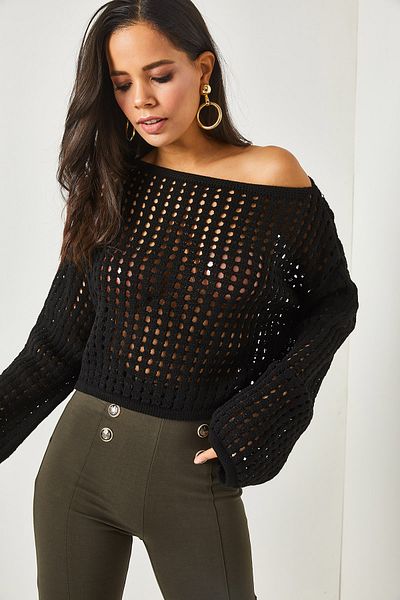Olalook Women's Black Spanish Sleeve Openwork Crop Knitwear Blouse BLZ-19002176