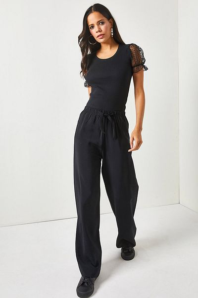 Olalook Schwarze Palazzo-Ayrobin-Hose mit Gürtel und elastischem Bund für Damen PNT-19000200