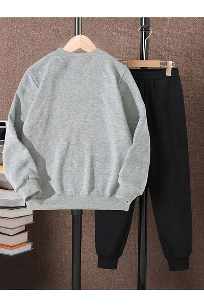 LePold 3 Thread Top Gray Bottom Black Printed Girls/Boys Oversize Sweatsihrt & Tracksuit Set