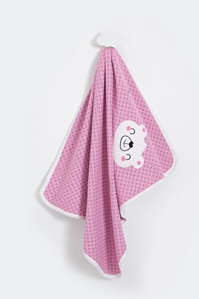 Bubito Dikdörtgen Detaylı Gülen Surat Detaylı Pamuklu Bebek Battaniyesi 85x75-pembe