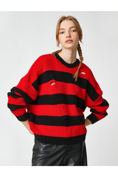 Koton Knitted Sweater Openwork Crew Neck Long Sleeve