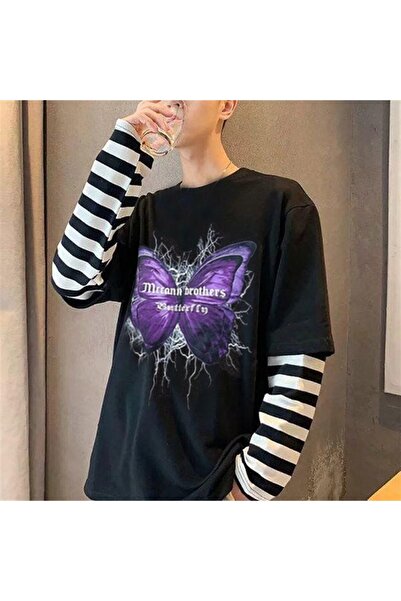 Touz Niiss Boutique Gothic Harajuku Butterfly Black Oversize Unisex Long Sleeve T-Shirt