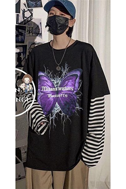 Touz Niiss Boutique Gothic Harajuku Butterfly Black Oversize Unisex Long Sleeve T-Shirt