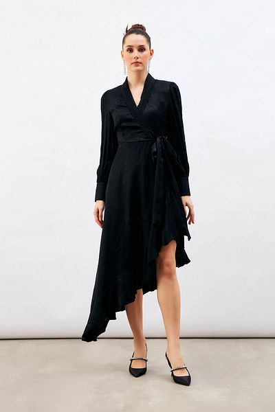 Sateen Jacquard Asymmetrical Dress - Black