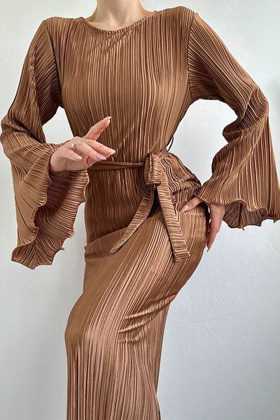Seda Yalçın Atelier Brown Spanish Sleeve Pleated Belted Dress