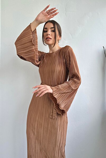 Seda Yalçın Atelier Brown Spanish Sleeve Pleated Belted Dress