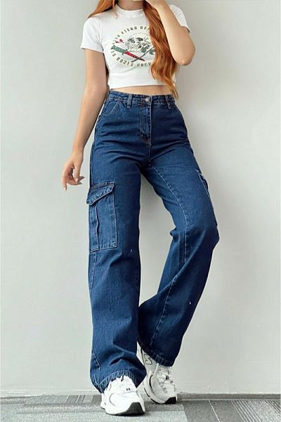 Livik Cataniza Lycra anii 90 Buzunar albastru închis Fără buzunar la spate Talie înaltă Pantaloni largi din denim denim Palazzo