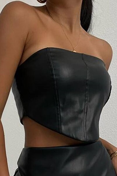 vuvutasarım Női műbőr szövet aládrót pánt nélküli aszimmetrikus szabású fekete melltartó 9132