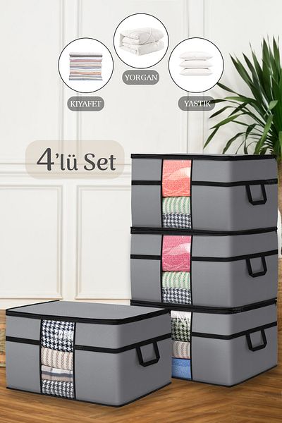 Meleni Home 4-Piece Mega Size Quilt Storage Bag - Windowed Pillow Quilt Storage Bag 70 X 40 X 40 Cm Gray