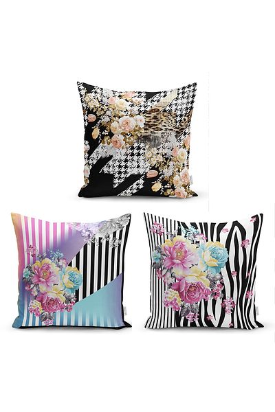 Realhomes Modern 3-Piece Throw Pillow Cover Set with Rose Motif on Zebra Background