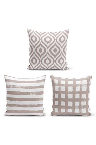 Realhomes Özel Tasarım Vizon Ikat Desen Motifli Dijital Baskılı 3'lü Modern K...