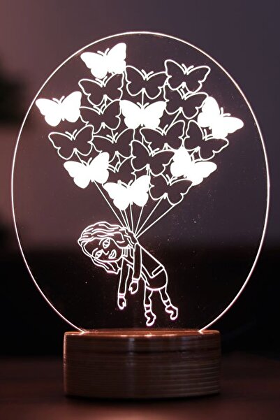 BY-LAMP Kelebekli Kız Figürlü Led Masa Lambası | 7 Işık Rengi | Ahşap Taban