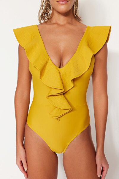 Trendyol Collection Μαγιό μουστάρδας V-Neck Flounce TBESS20MA0379