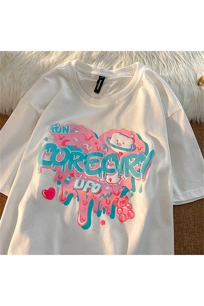 Touz Haraju Heart Fun Bear - Λευκό μπλουζάκι Unisex Oversize