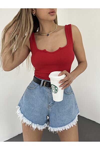 Fav Style Women's Sleeveless Thick Strap Square Neck V Detailed Camisole Blouse Red