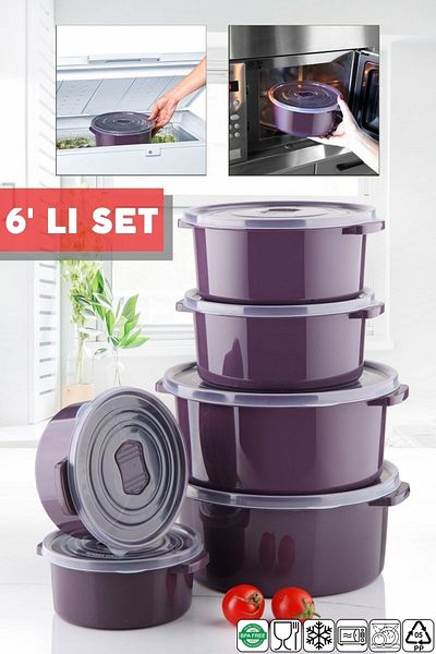 Nandy Home Set of 6 Round Storage Containers for Microwave and Freeze - Plum