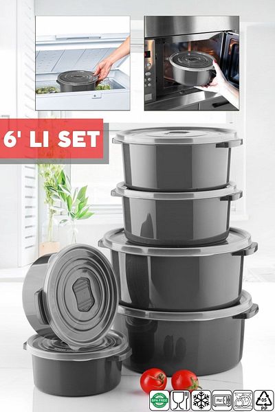 Nandy Home Set of 6 Anthracite Round Storage Containers for Microwave and Freezer