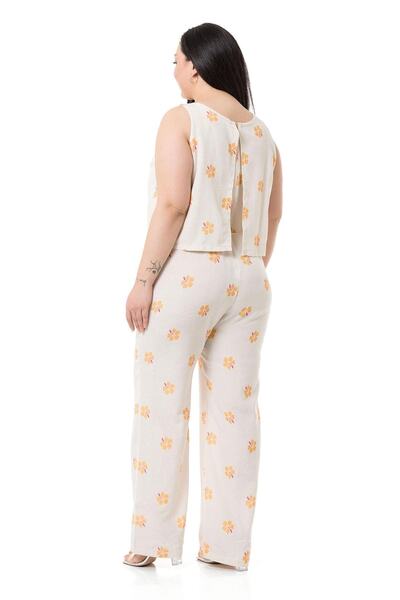 DISENTIS MODEST Plus Size Thick Strap Zippered Elastic Waist Yellow Floral Women's Jumpsuit