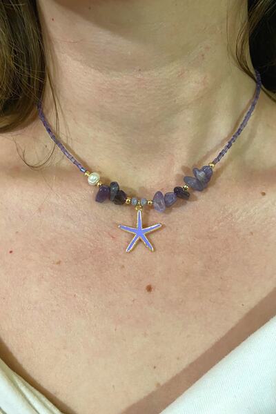 Suerte Accessories Ametist Doğal Taşlı Mayorca Incili Deniz Yıldızı Uç El Yap...