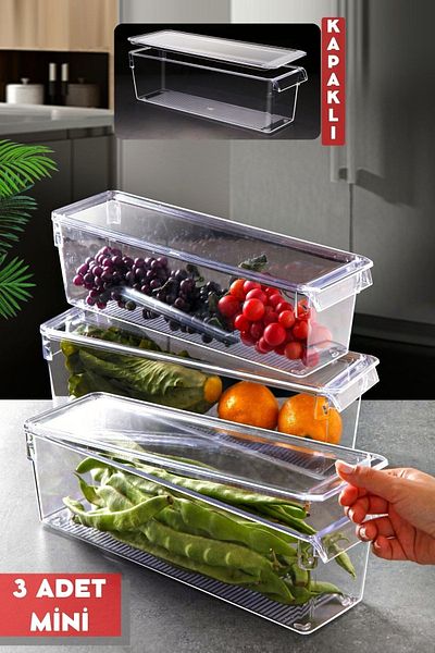 Nandy Home 3 Pieces Mini Tall Clear Refrigerator and Cabinet Organizer with Lid