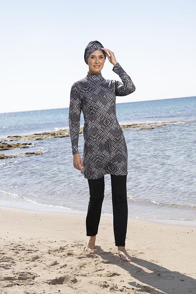Estiva Women's Digital Patterned Hijab Swimsuit with Fully Covered Trousers