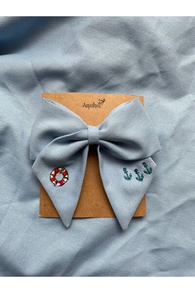 asyakuş مشبك أوتوماتيكي بفيونكة مطرزة باللون الأزرق