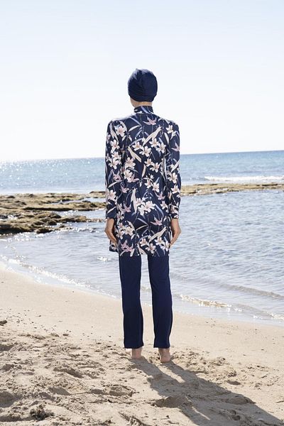 Estiva Women's Full Covered Pants Floral Patterned Hijab Swimsuit - Navy Blue