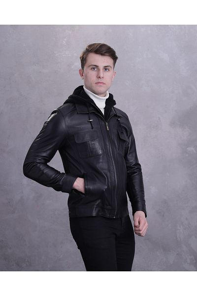 CE-YIL DERİ ÜRÜNLERİ Men's Genuine Leather Hooded Sports Coat