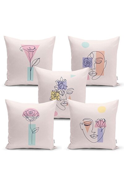 Realhomes Set of 5 Throw Pillow Covers with Rose and Portrait Design on White...