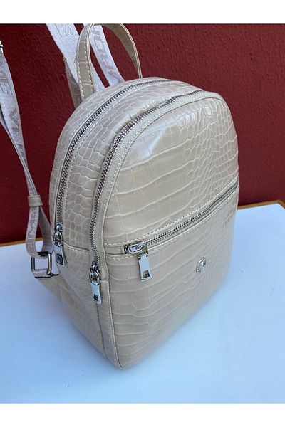 HNB ÇANTA Γυναικείο σακίδιο πλάτης Beige Crocodile Mv079