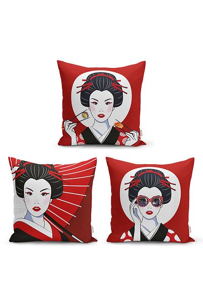 Realhomes Red Fashion Japanese Women's Designed 3-Piece Throw Pillow Cover Set