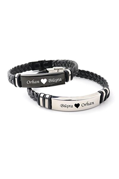 PİGADO Çiftlere Özel 2'li Isme Kişiye Özel Örgü Kordon Çelik Bileklik Seti