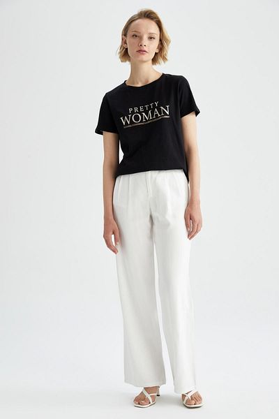 DeFacto Regular Fit Crew Neck Slogan Printed Short Sleeve T-Shirt