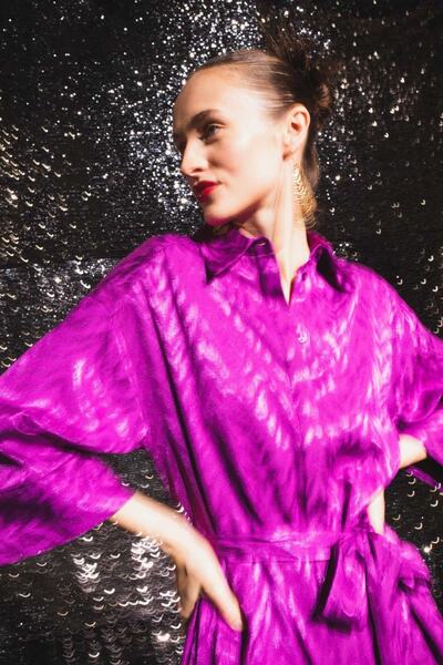 DeFacto Koszula z klapami, żakardowa mini satynowa sukienka z długim rękawem Z4398az22cw