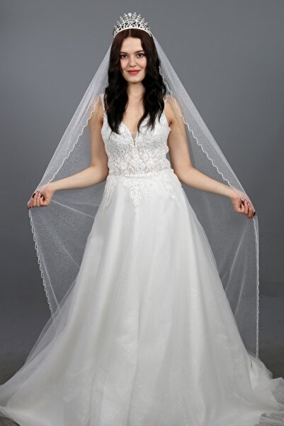 paris in paris Simli Kristal Taş Işlemeli Uzun Gelinlik Duvağı 230 Cm Kırıkbeyaz Taraklı