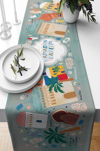 Pilloveland Runner Ramadan City Tesut din piele intoarsa 140*40 Cm Ramadan Kareem