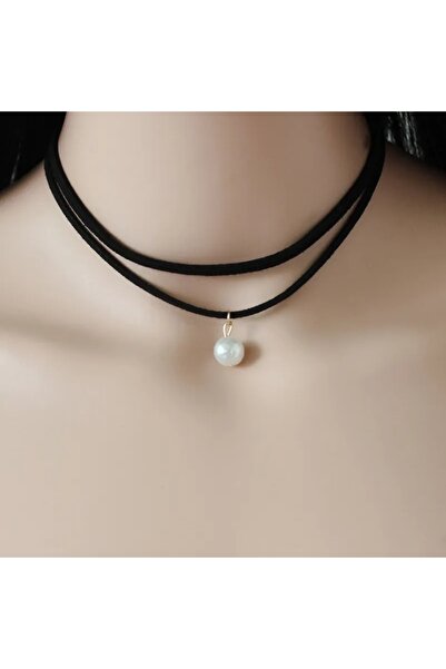 MutluBiDünya Vintage Inci Sallantılı Süet Choker Kolye