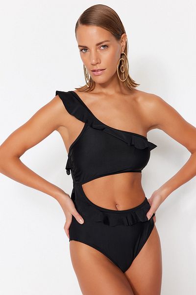 Trendyol Collection Black Single Shoulder Ruffle Regular Leg Swimsuit TBESS22MA0002