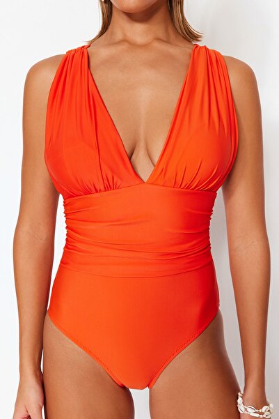 Trendyol Collection Piros mély mélyen dekoltált, drapériás normál fürdőruha TBESS20MA0294