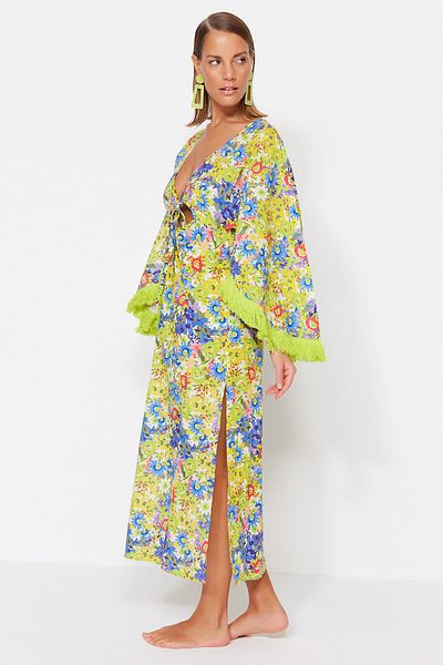 Trendyol Collection Wide Fit Floral Print Maxi Beach Dress - Tassels 100% Cotton Tbess23El00045