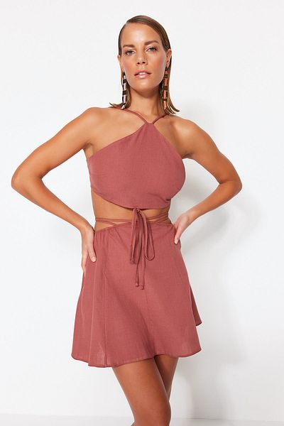 Trendyol Collection 100% pamut fahéjas szőtt blúz és strandszoknya szett - TBESS23AU00076