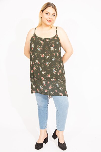 Şans Γυναικεία χακί μεγάλου μεγέθους υφασμάτινη σιφόν μπλούζα μπροστινή βαθμίδα 65n35663