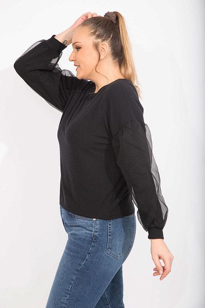 Şans Women's Black Large Size Balloon Sleeve Tulle Detailed Blouse 65n35660