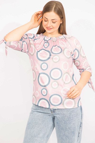 Şans Women's Pink Plus Size Collar Elastic Sleeve Lace Blouse 65n35665