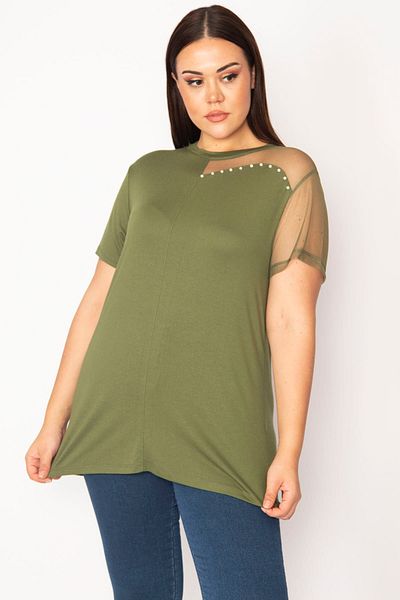 Şans Khakifarbene, große Damenbluse mit Tüll und Perlendetail 65n35670
