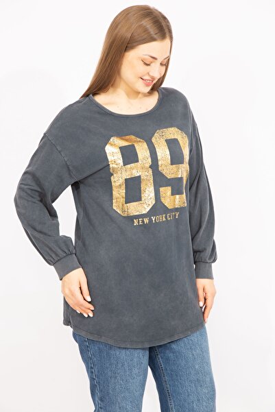 Şans Women's Smoked Large Size Lacquer Printed Sweatshirt 65n35647