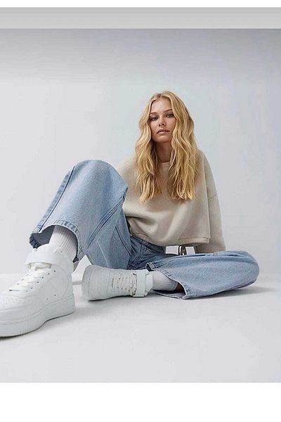 sinembutik Blugi din denim cu talie super înaltă, albastru deschis, spălat cu zăpadă