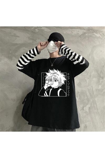Touz Moda تي شيرت Dompuleri Fashion Touz Anime Hunter X Hunter Killua للجنسين بأكمام مخططة