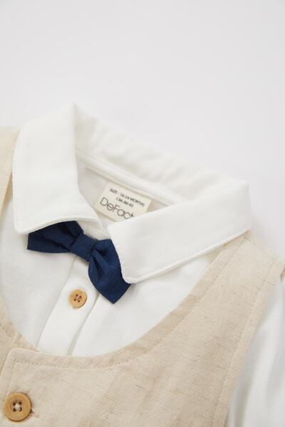 DeFacto Baby Boy Long Sleeve Snap-On Bodysuit Linen Vest Trousers 3-Piece Set